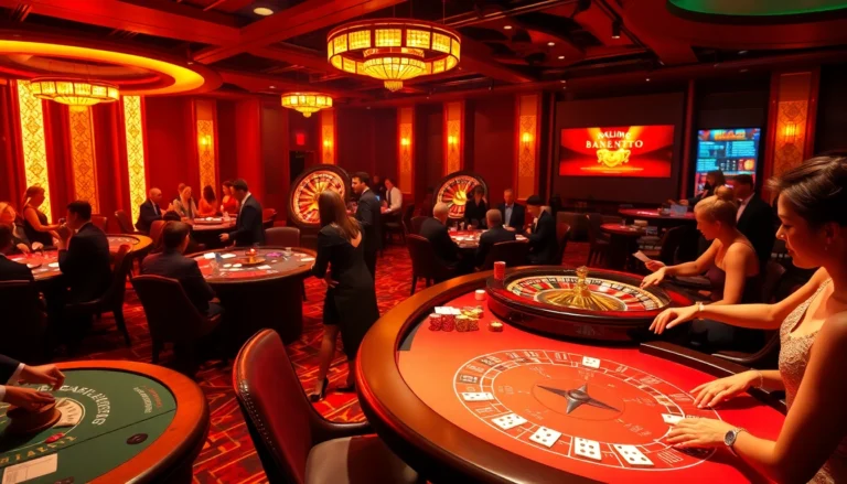 Experience the thrill of gambling at new88 com as players engage at luxurious casino tables, surrounded by excitement and vibrant lighting.
