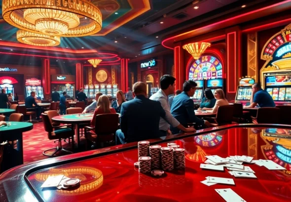 Experience the thrill of high-stakes games at new88 com casino, featuring poker chips and vibrant slot machines.