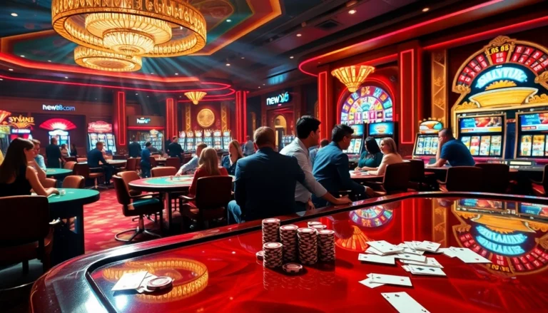 Experience the thrill of high-stakes games at new88 com casino, featuring poker chips and vibrant slot machines.