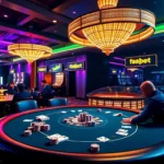 Experience the thrill of betting at f88bet's vibrant casino scene featuring players at a poker table and a spinning roulette wheel.