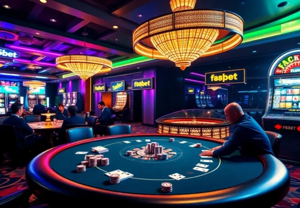 Experience the thrill of betting at f88bet's vibrant casino scene featuring players at a poker table and a spinning roulette wheel.