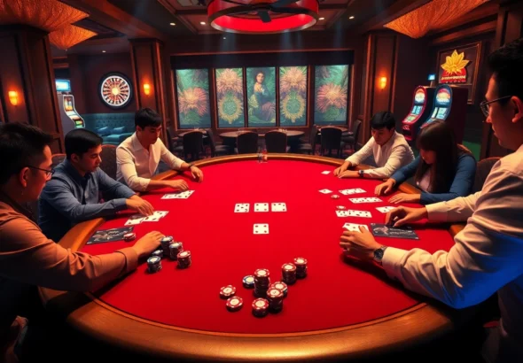 Engage in a thrilling poker game experience at https://kkwinb.com/ with intense players, vibrant chips, and an electric casino atmosphere.