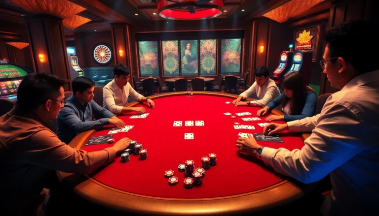 Engage in a thrilling poker game experience at https://kkwinb.com/ with intense players, vibrant chips, and an electric casino atmosphere.