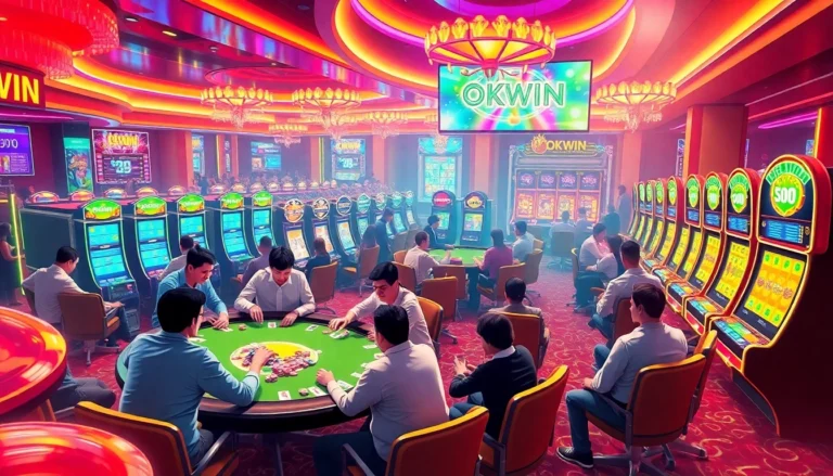 Experience the thrill of the casino with OKWIN, featuring intense poker games, vibrant slot machines, and players in action.