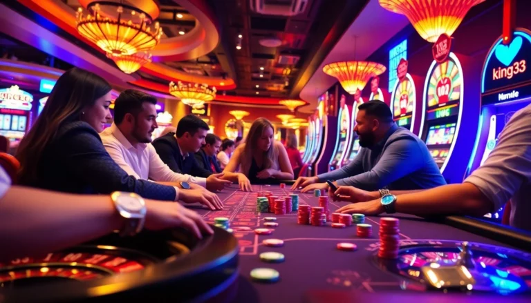 Players enjoying their game at the king33 poker table, surrounded by vibrant casino action and atmosphere.
