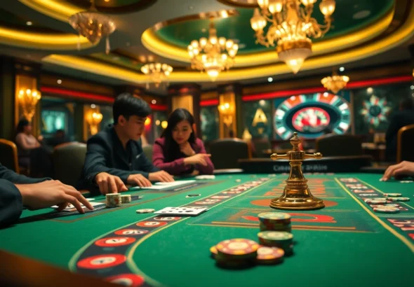 Join the excitement of poker at tại 789win with players focused on high-stakes bets, surrounded by vibrant casino ambiance.
