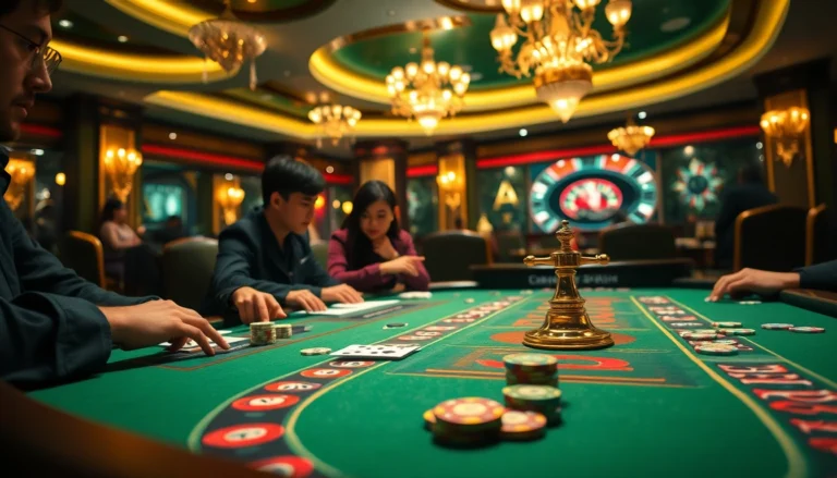 Join the excitement of poker at tại 789win with players focused on high-stakes bets, surrounded by vibrant casino ambiance.